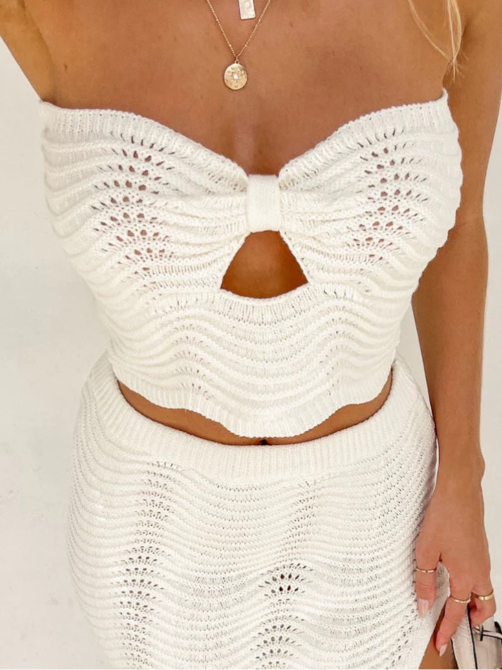 12th Tribe Nita Cream Knit Midi Skirt and Strapless Top Set - Picture 2 of 5